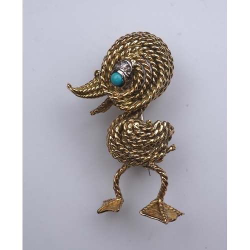 358 - An 18ct gold, turquoise and diamond novelty brooch, circa 1961 designed as a stylised duckling in 18... 