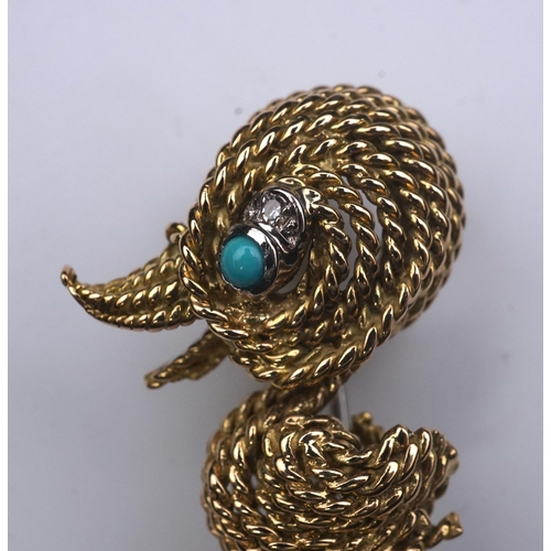 358 - An 18ct gold, turquoise and diamond novelty brooch, circa 1961 designed as a stylised duckling in 18... 