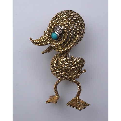 358 - An 18ct gold, turquoise and diamond novelty brooch, circa 1961 designed as a stylised duckling in 18... 