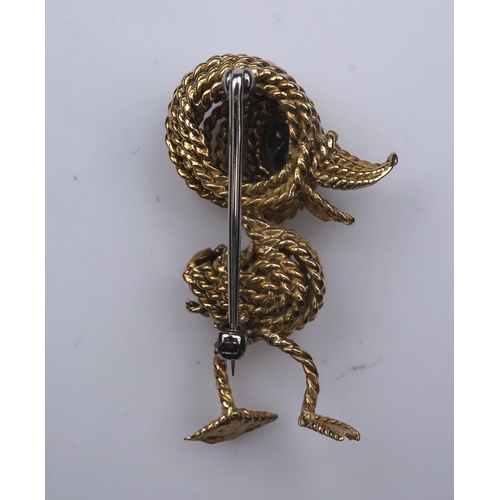 358 - An 18ct gold, turquoise and diamond novelty brooch, circa 1961 designed as a stylised duckling in 18... 