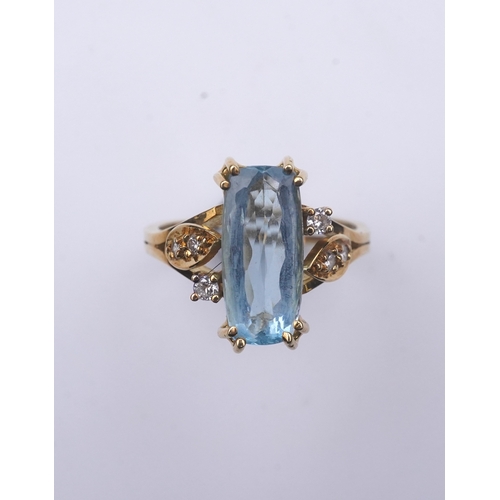 362 - An aquamarine and diamond ring, claw-set with an elongated cushion-shaped aquamarine measuring appro... 