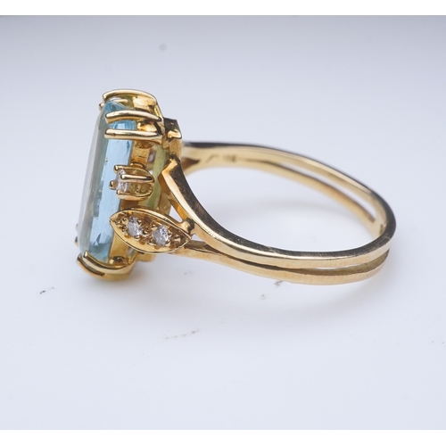 362 - An aquamarine and diamond ring, claw-set with an elongated cushion-shaped aquamarine measuring appro... 