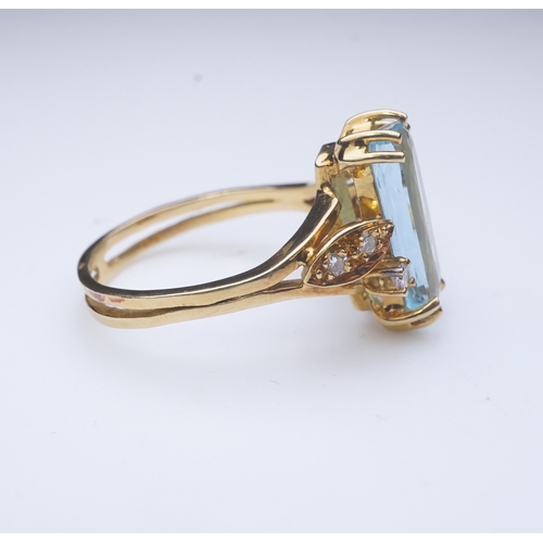 362 - An aquamarine and diamond ring, claw-set with an elongated cushion-shaped aquamarine measuring appro... 