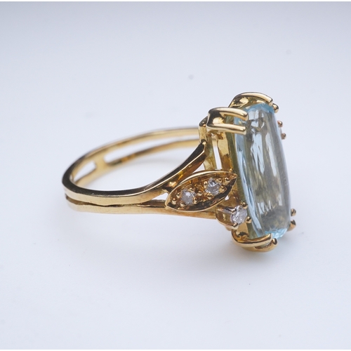 362 - An aquamarine and diamond ring, claw-set with an elongated cushion-shaped aquamarine measuring appro... 