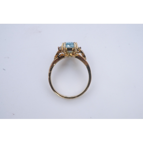 362 - An aquamarine and diamond ring, claw-set with an elongated cushion-shaped aquamarine measuring appro... 