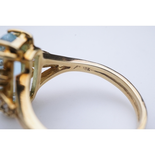 362 - An aquamarine and diamond ring, claw-set with an elongated cushion-shaped aquamarine measuring appro... 