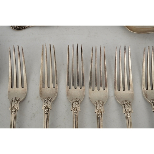 37 - A part canteen of early Victorian silver flatware, by Robert Wallis, double struck with an unusual p... 