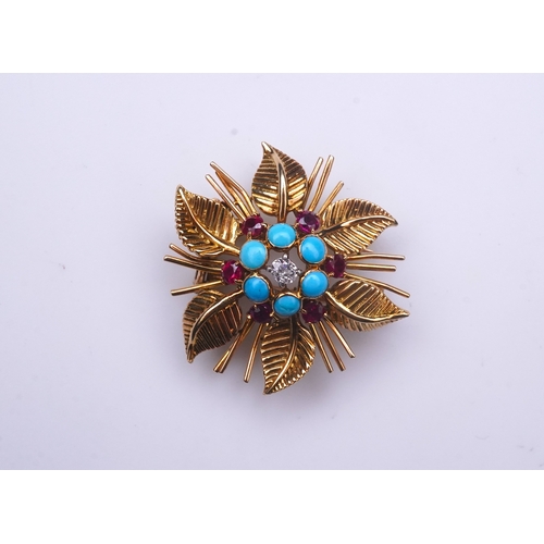 370 - Chaumet, a turquoise, ruby and diamond brooch, mid 20th century, designed as a flower, set with turq... 