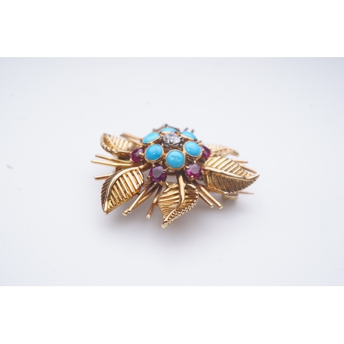 370 - Chaumet, a turquoise, ruby and diamond brooch, mid 20th century, designed as a flower, set with turq... 