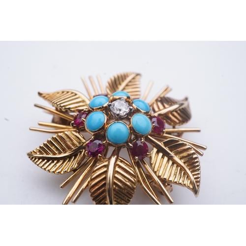 370 - Chaumet, a turquoise, ruby and diamond brooch, mid 20th century, designed as a flower, set with turq... 