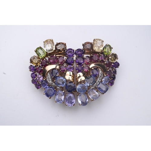 371 - A Retro sapphire and multi-gem double clip brooch, circa 1940, of heart-shaped outline, set with a p... 