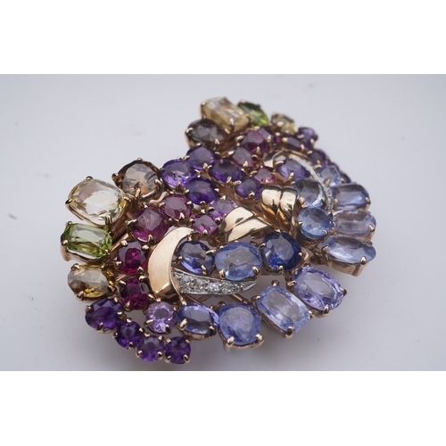 371 - A Retro sapphire and multi-gem double clip brooch, circa 1940, of heart-shaped outline, set with a p... 