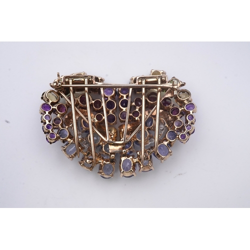 371 - A Retro sapphire and multi-gem double clip brooch, circa 1940, of heart-shaped outline, set with a p... 