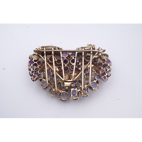 371 - A Retro sapphire and multi-gem double clip brooch, circa 1940, of heart-shaped outline, set with a p... 