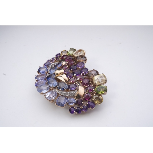 371 - A Retro sapphire and multi-gem double clip brooch, circa 1940, of heart-shaped outline, set with a p... 