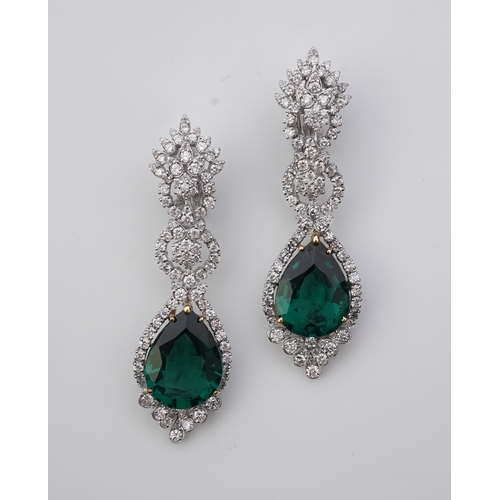 374 - A pair of synthetic green quartz and diamond earrings each of articulated pendent design, set with b... 