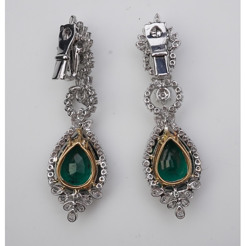 374 - A pair of synthetic green quartz and diamond earrings each of articulated pendent design, set with b... 