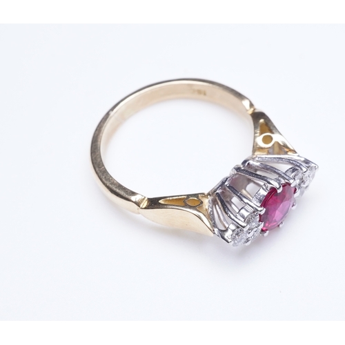 386 - A synthetic ruby and diamond ring, claw-set with a circular-cut synthetic ruby between shoulders set... 