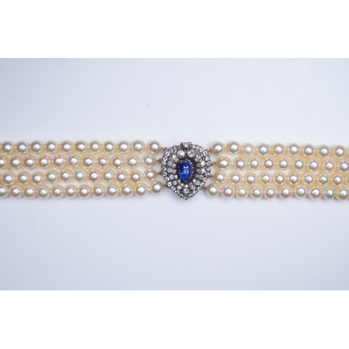 391 - A late Victorian sapphire and diamond brooch and cultured pearl necklace, circa 1900 and later, the ... 