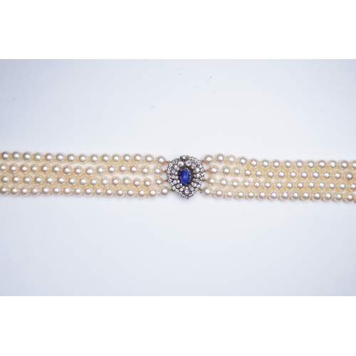 391 - A late Victorian sapphire and diamond brooch and cultured pearl necklace, circa 1900 and later, the ... 