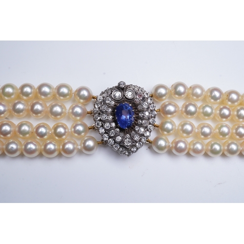 391 - A late Victorian sapphire and diamond brooch and cultured pearl necklace, circa 1900 and later, the ... 