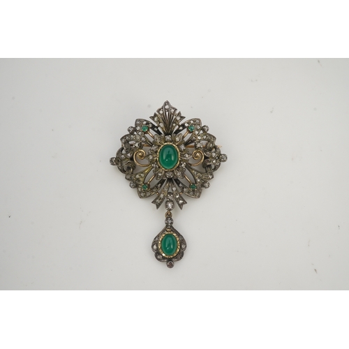 394 - A green chalcedony and diamond brooch, mid 20th century, of scroll design suspending a pendant, set ... 