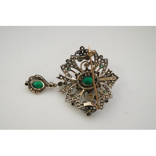 394 - A green chalcedony and diamond brooch, mid 20th century, of scroll design suspending a pendant, set ... 