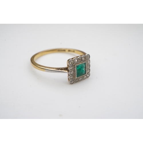 396 - An emerald and diamond ring, early 20th century, designed as a square cluster, set with a square mix... 