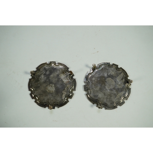 4 - A pair of George II silver waiters, by John Swift, with pie crust border and engraved armorial, on t... 