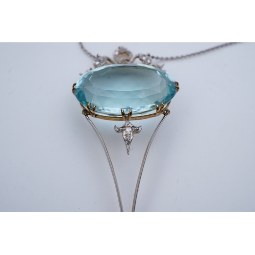 434 - An Edwardian aquamarine and diamond pendant necklace, early 20th century, composed of an oval aquama... 