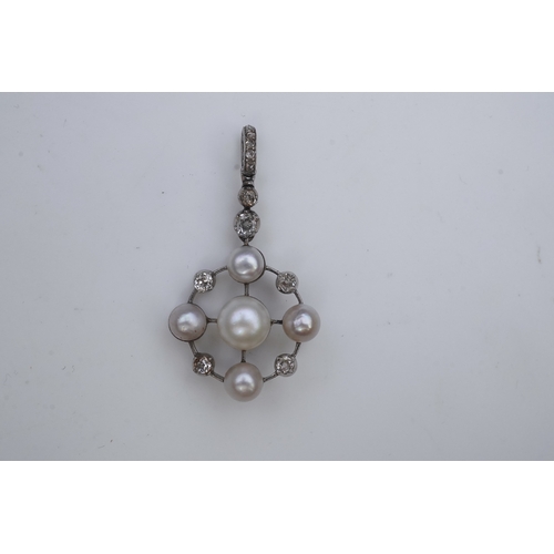 445 - A pearl and diamond pendant, early 20th century, the knife wire frame pendant of circular outline se... 