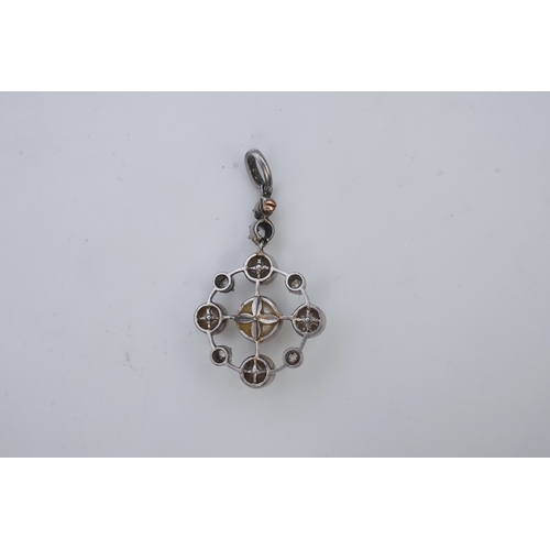 445 - A pearl and diamond pendant, early 20th century, the knife wire frame pendant of circular outline se... 