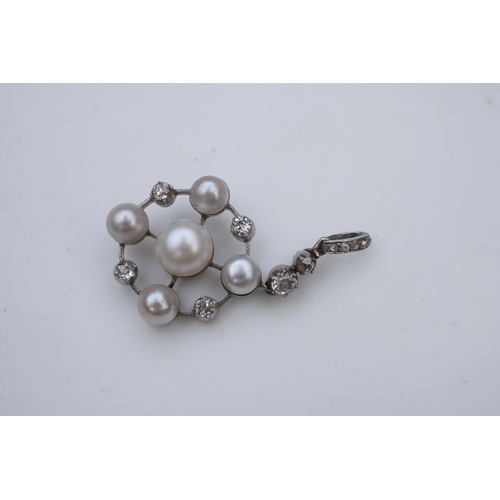 445 - A pearl and diamond pendant, early 20th century, the knife wire frame pendant of circular outline se... 