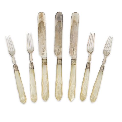 46 - Twelve pairs of Victorian mother of pearl handled silver dessert eaters, by Mappin & Webb, Sheffield... 