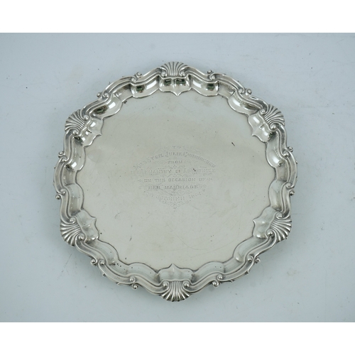 48 - A late Victorian silver salver, by Martin, Hall & Co, with shell and scroll border and later engrave... 