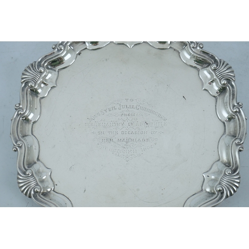 48 - A late Victorian silver salver, by Martin, Hall & Co, with shell and scroll border and later engrave... 