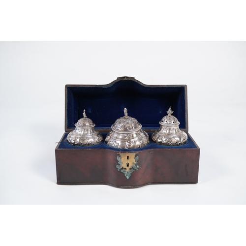 5 - A George II mahogany cased set of two early George III silver tea caddies and covers and a sugar vas... 