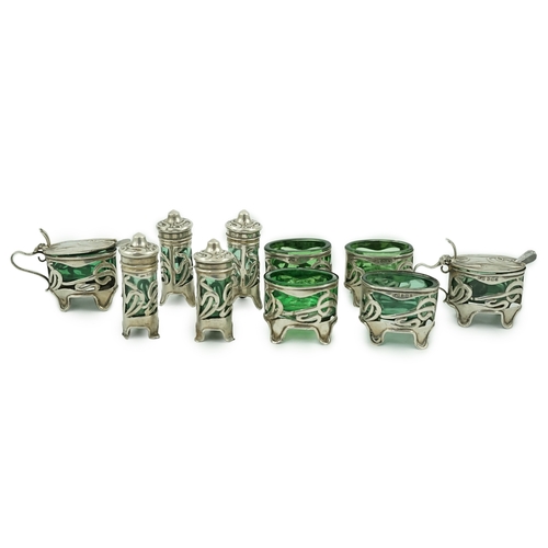 68 - An early 20th century Art Nouveau pierced silver ten piece condiment set by Levy & Salaman, comprisi... 