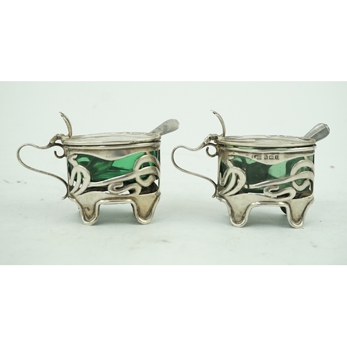 68 - An early 20th century Art Nouveau pierced silver ten piece condiment set by Levy & Salaman, comprisi... 