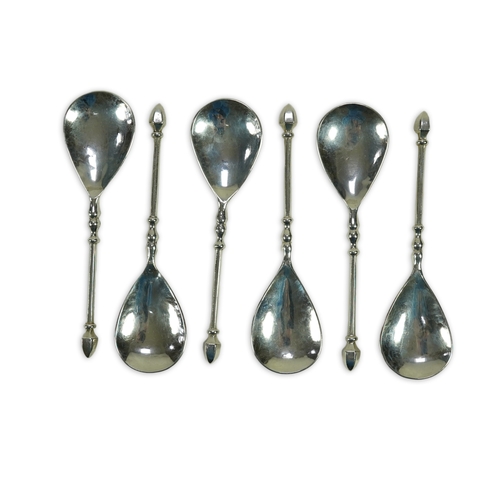 69 - A set of six Elizabeth II Arts & Crafts silver Guild of Handicraft spoons, with planished pear shape... 