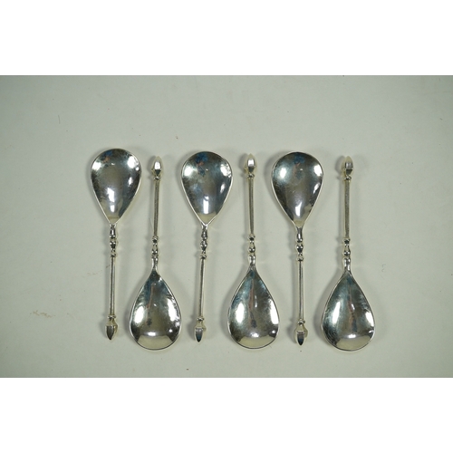 69 - A set of six Elizabeth II Arts & Crafts silver Guild of Handicraft spoons, with planished pear shape... 