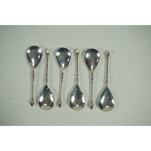 69 - A set of six Elizabeth II Arts & Crafts silver Guild of Handicraft spoons, with planished pear shape... 