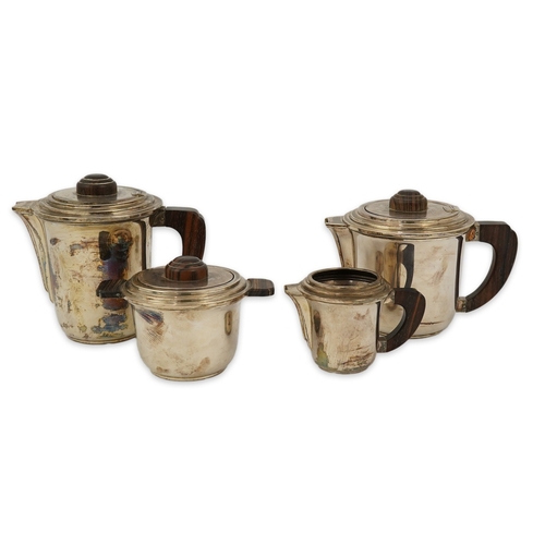 75 - A stylish French Art Deco 950 standard silver and rosewood mounted four piece tea set, comprising a ... 