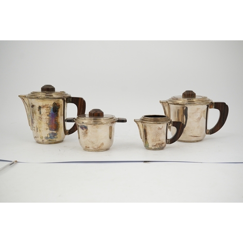 75 - A stylish French Art Deco 950 standard silver and rosewood mounted four piece tea set, comprising a ... 