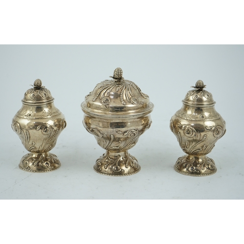 8 - A pair of early George III silver tea caddies and a sugar bowl, by Samuel Taylor, of inverted pyrifo... 