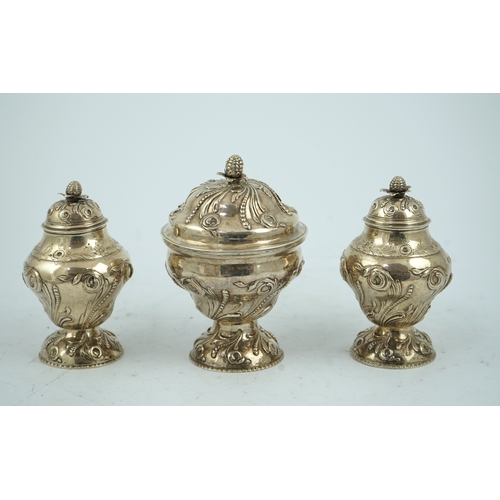 8 - A pair of early George III silver tea caddies and a sugar bowl, by Samuel Taylor, of inverted pyrifo... 