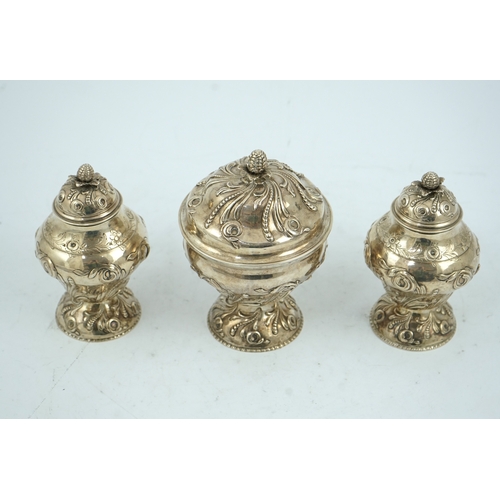 8 - A pair of early George III silver tea caddies and a sugar bowl, by Samuel Taylor, of inverted pyrifo... 