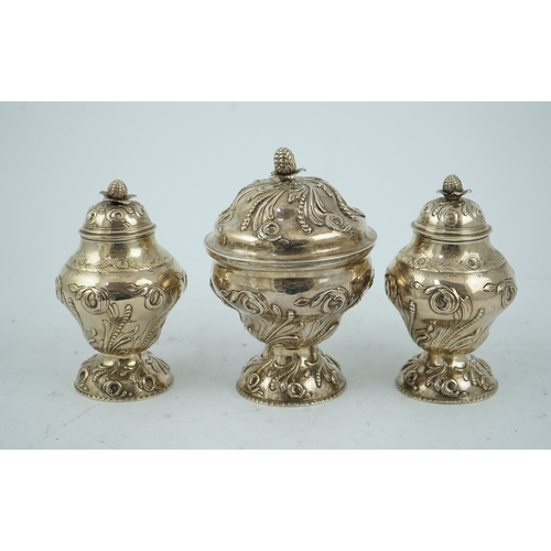 8 - A pair of early George III silver tea caddies and a sugar bowl, by Samuel Taylor, of inverted pyrifo... 