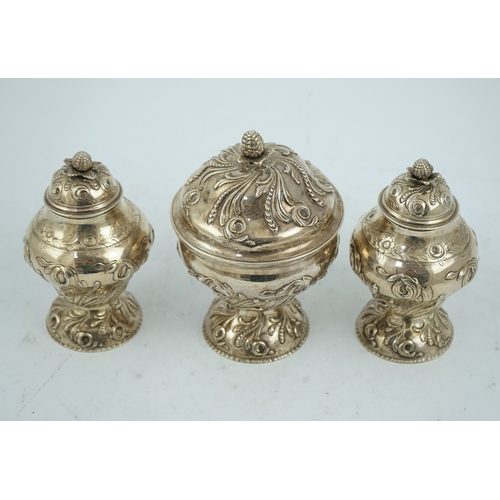 8 - A pair of early George III silver tea caddies and a sugar bowl, by Samuel Taylor, of inverted pyrifo... 