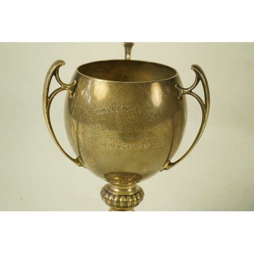 80 - A George V silver tri-handled presentation pedestal trophy cup, with engraved horse racing inscripti... 